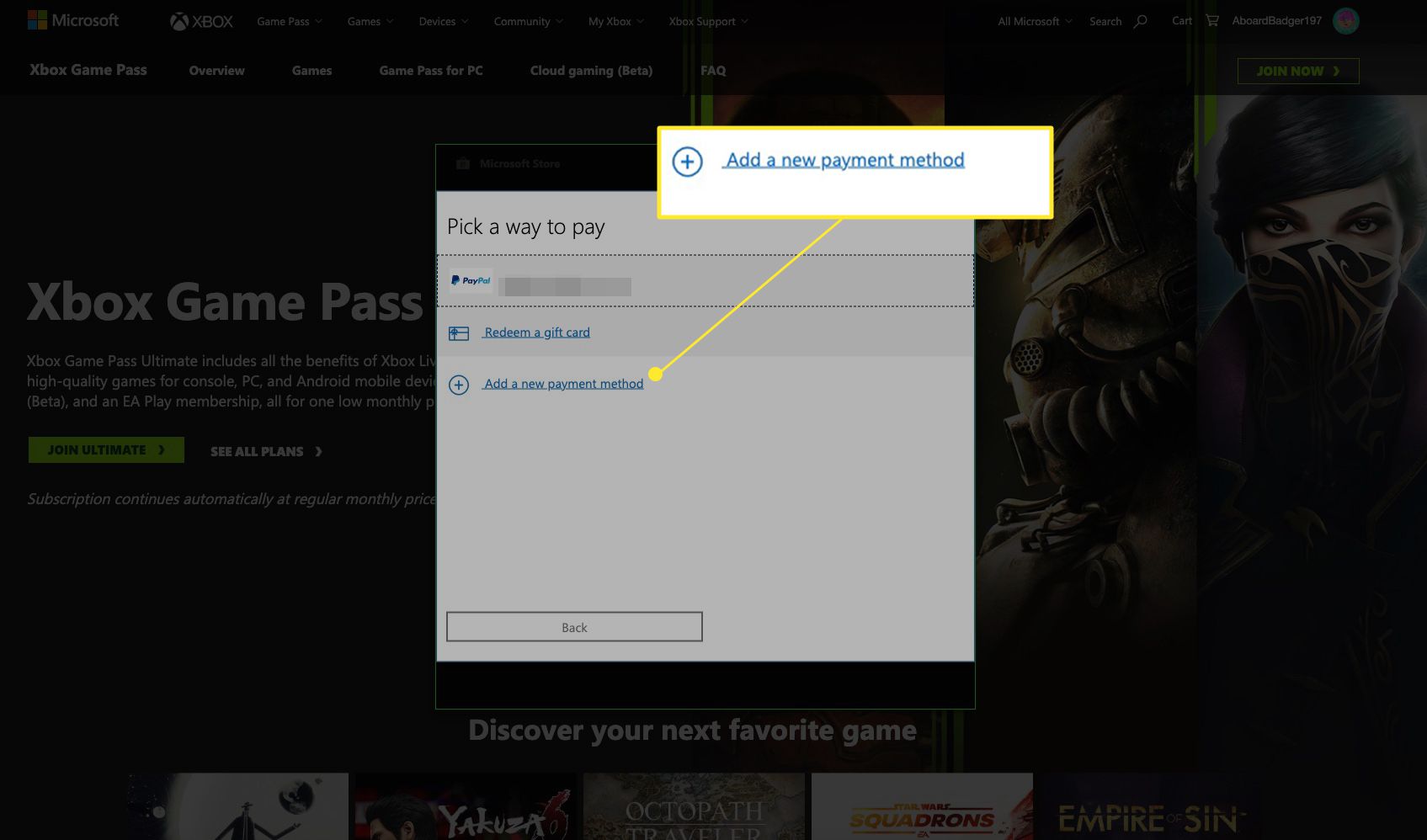Lägg till ny betalningsmetod markerad i Xbox GAME-passregistrering