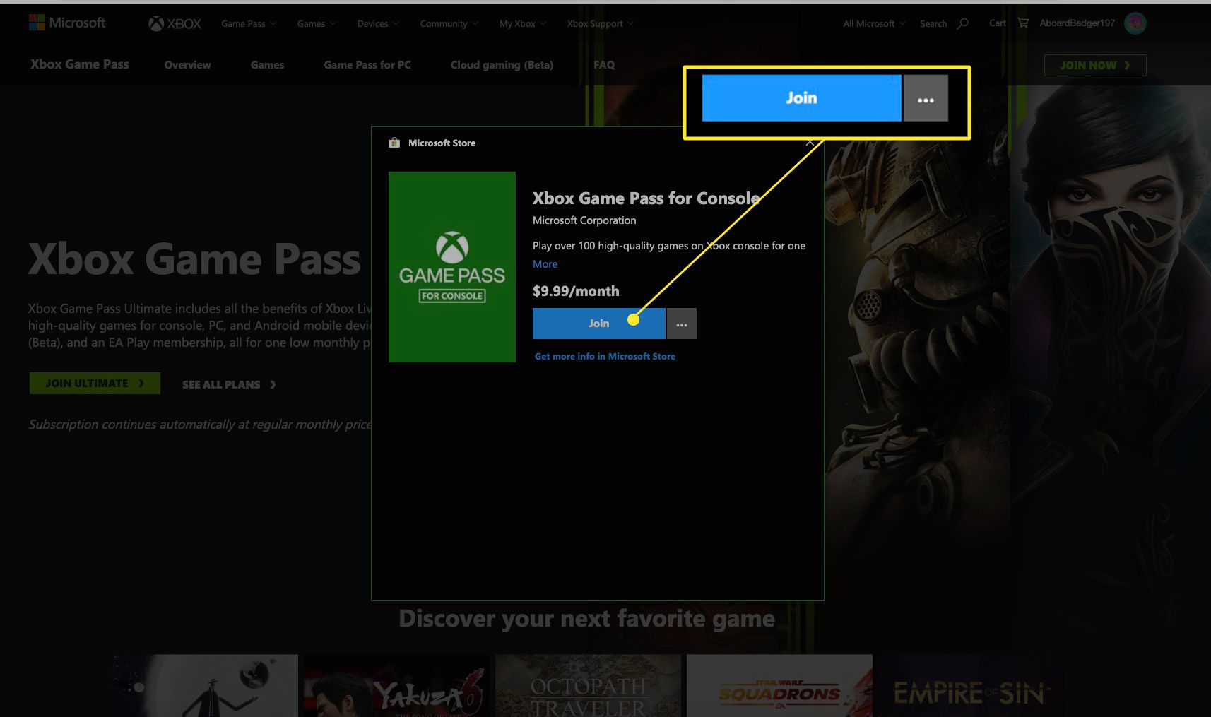 Klicka på Gå med för att godkänna ett Xbox-spelkort