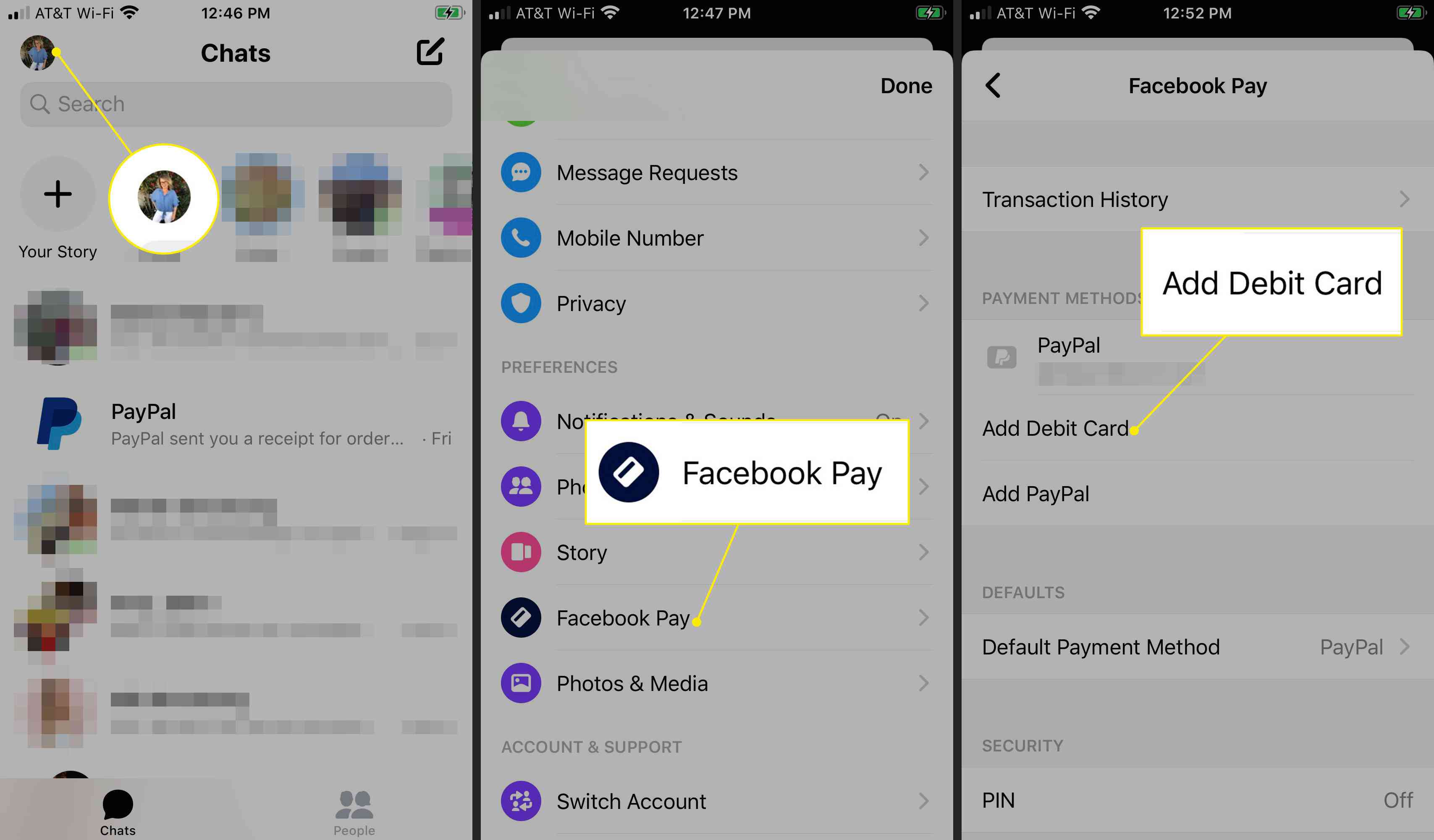 Lägga till ett betalkort till Facebook Pay via Messenger