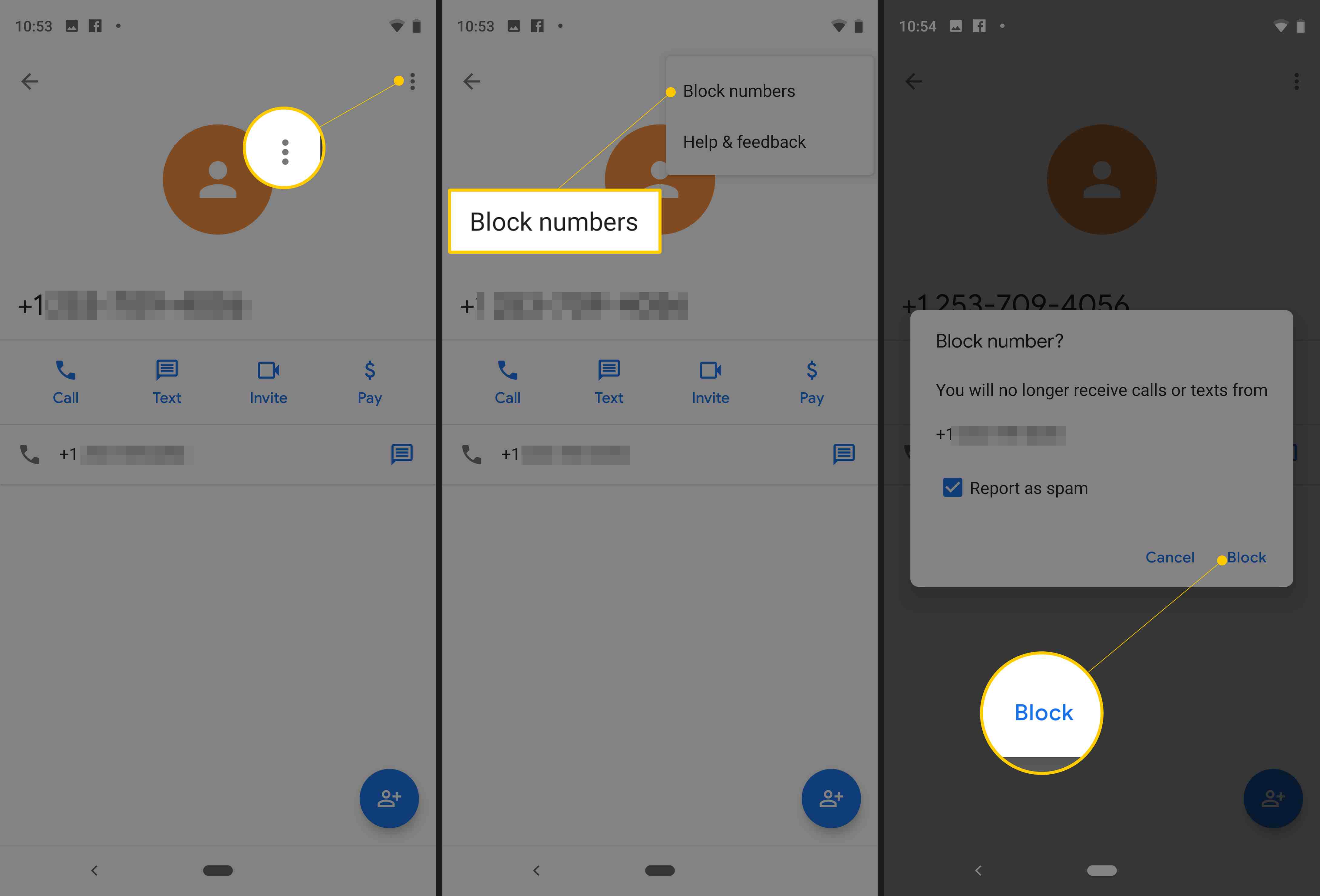 Tre Android-skärmar från Pixel visar vertikal punktmeny, menyalternativ för blocknummer och Block-knapp