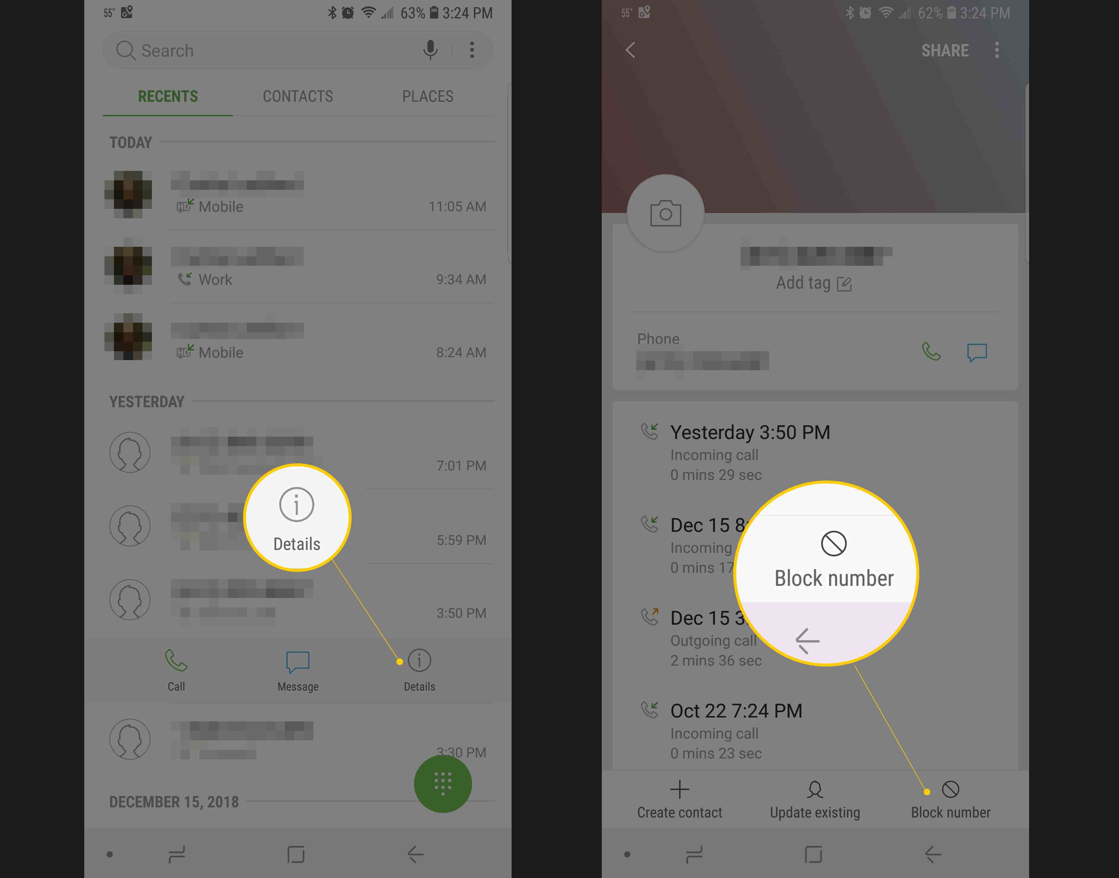 Två Samsung Android-skärmar, som visar Detaljer-knappen och Blocknummer-funktionen