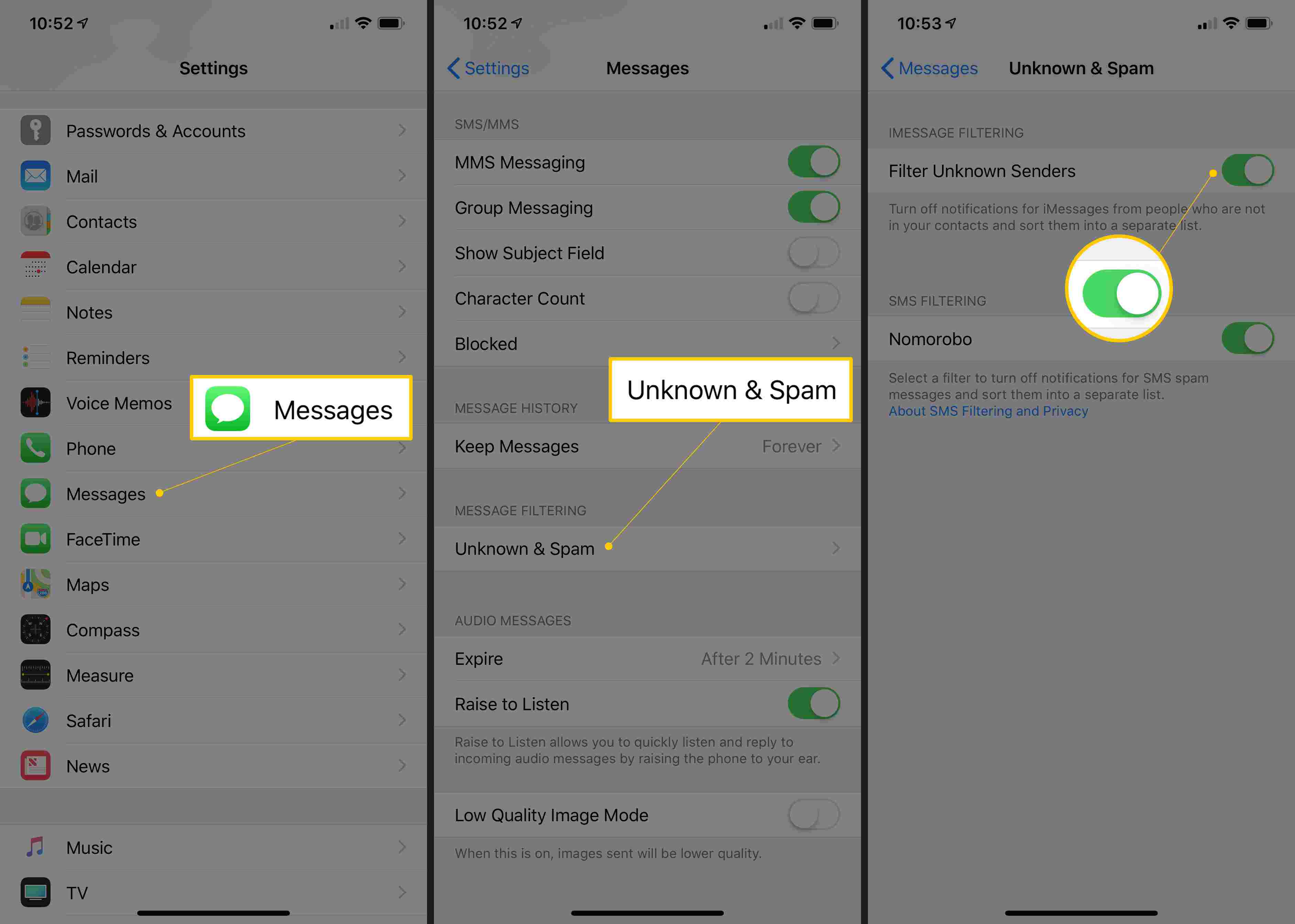 Tre iOS-skärmar som visar meddelandeknappen, okänd och skräppostavsnitt och växlar för filter okända avsändare