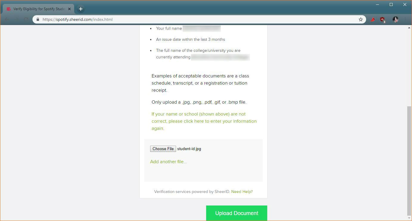 En skärmdump av verifieringsprocessen för Spotify-studentrabatter.