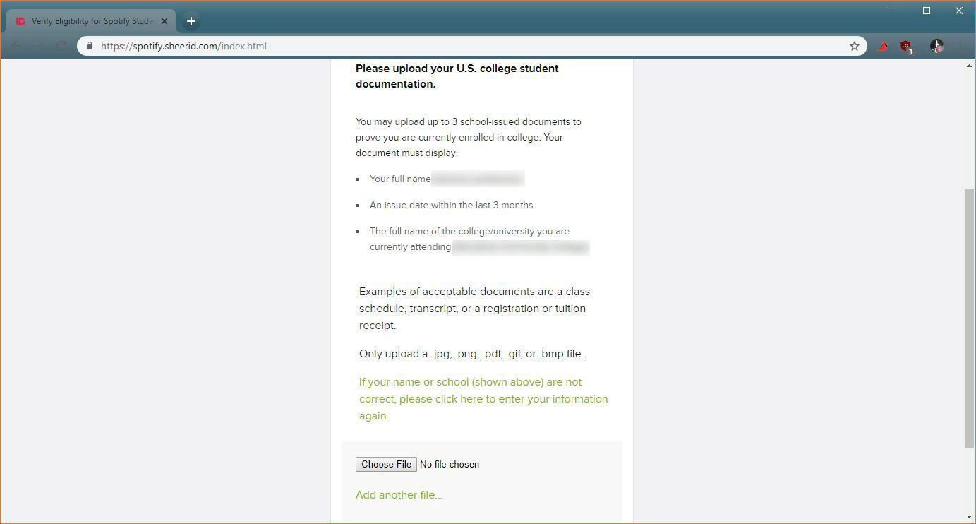 En skärmdump av uppladdningsformuläret för Spotify-studentdokumentation.