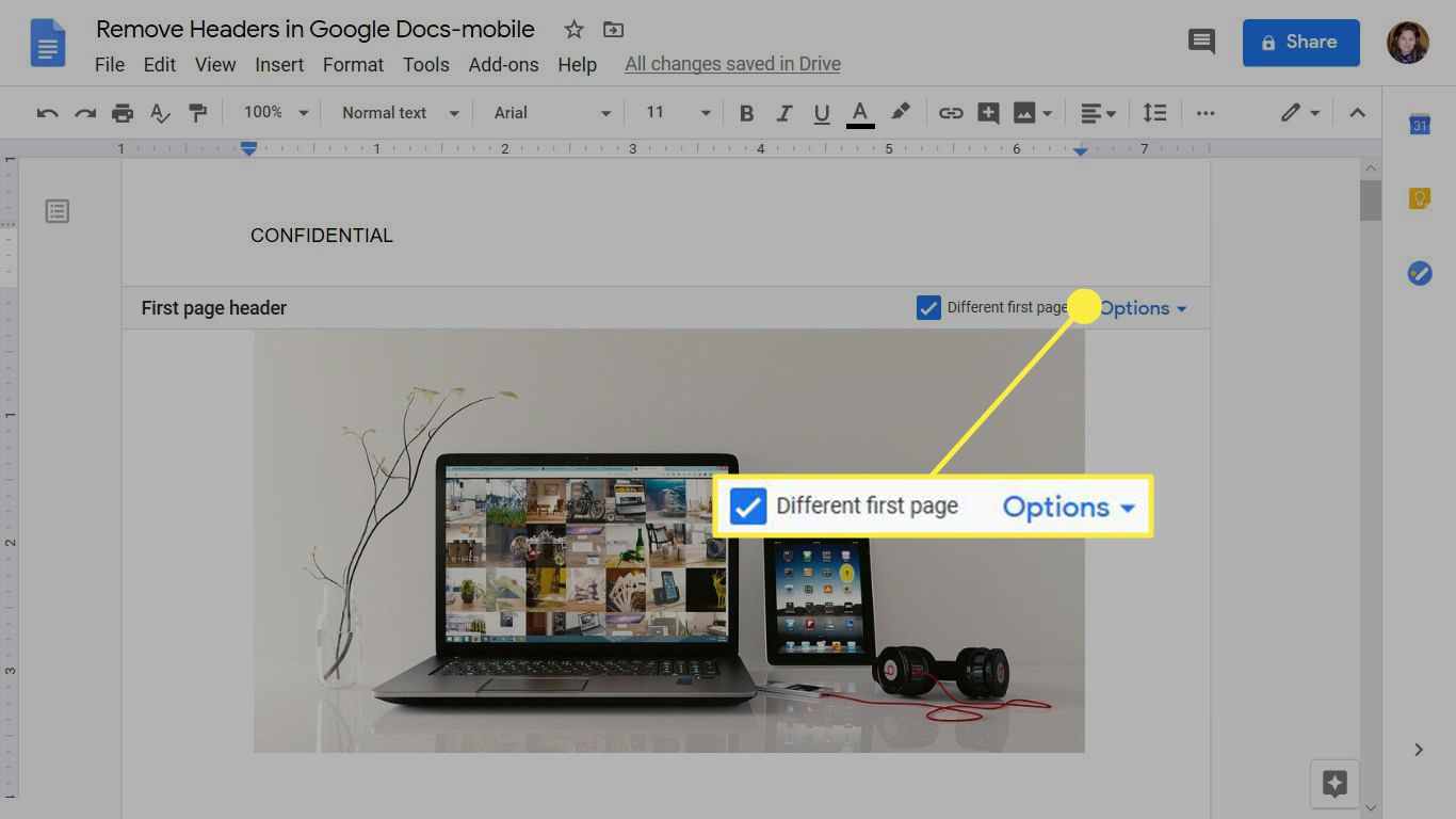 De olika alternativen för första sidan och alternativ i Google Docs Headers.