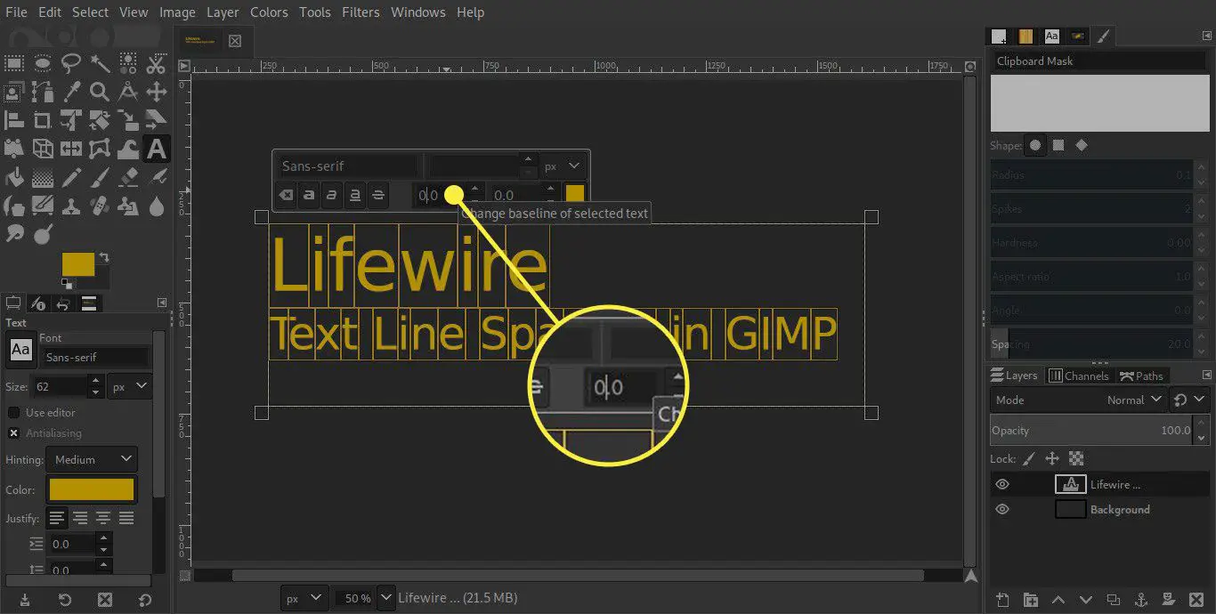 En skärmdump av GIMP med kommandot Linjeavstånd markerat