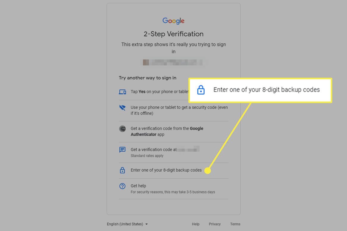 En skärmdump av Google 2FA med alternativet "Ange en av dina 8-siffriga säkerhetskopieringskoder" markerat