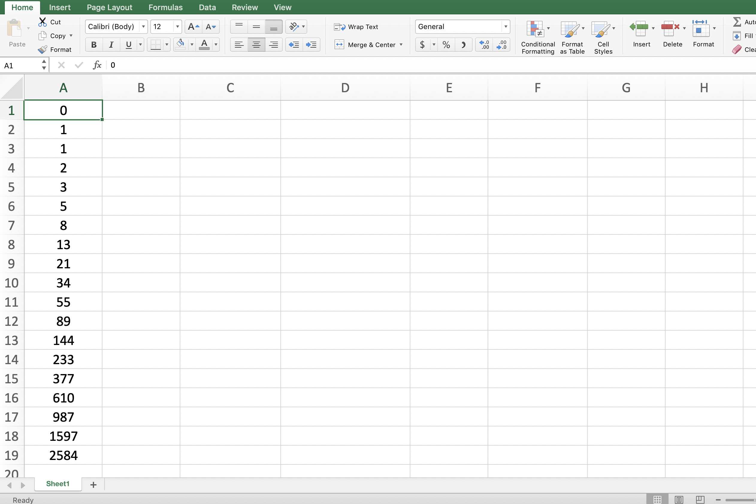 Skärmdump av Excel som visar en Fibonacci-sekvens