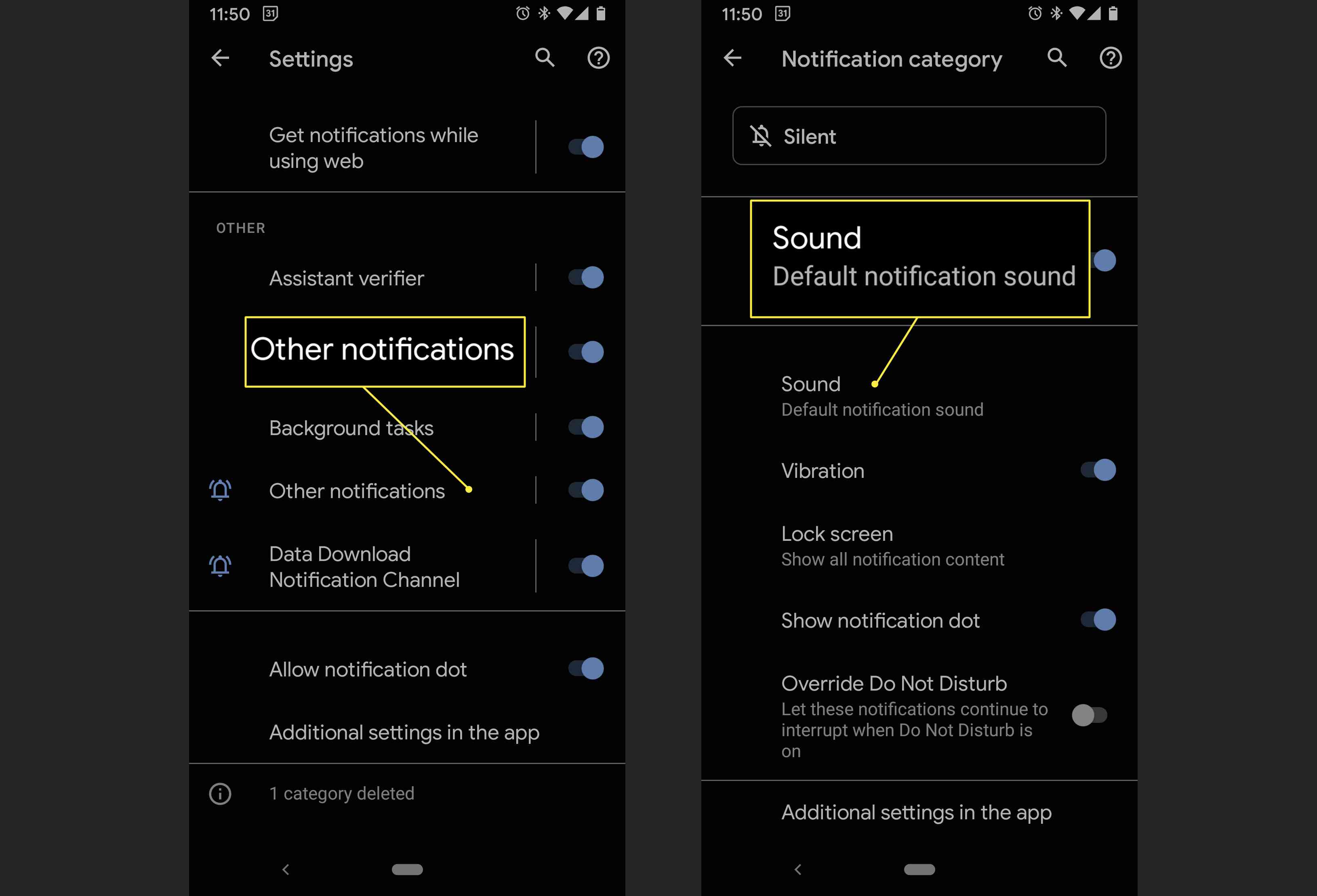 Du kan komma åt standardmeddelandeljud i Android-meddelanden via inställningen 'Andra meddelanden'
