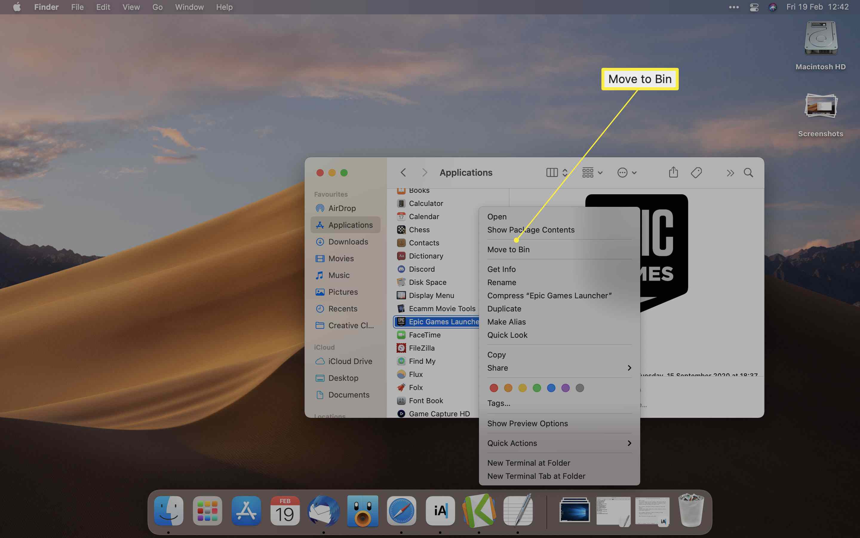 Mac-applikationsmapp med Epic Games Launcher högerklickade och alternativet Flytta till korg markerat