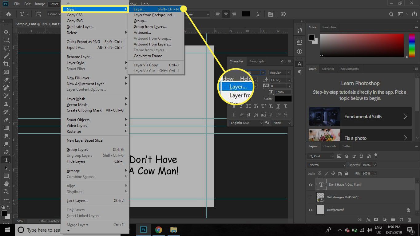 En skärmdump av Photoshop med kommandot New Layer markerat