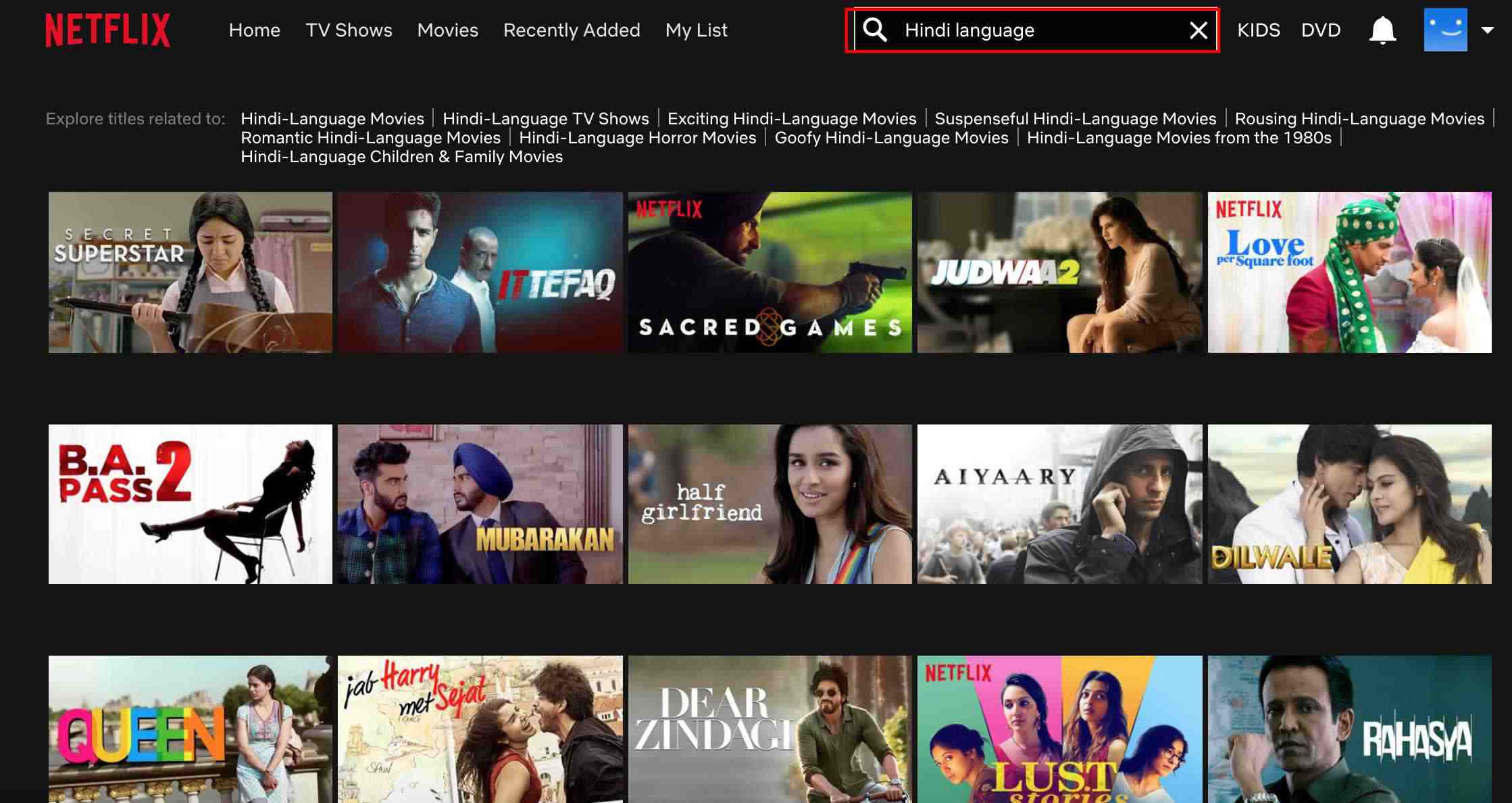 Netflix sökfunktion visar flera filmer och program.