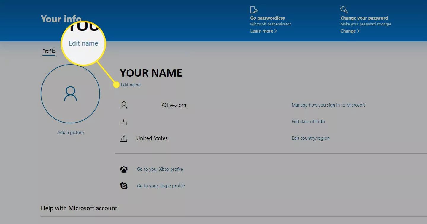 En Outlook-profilsida med alternativet 'Redigera namn' markerat