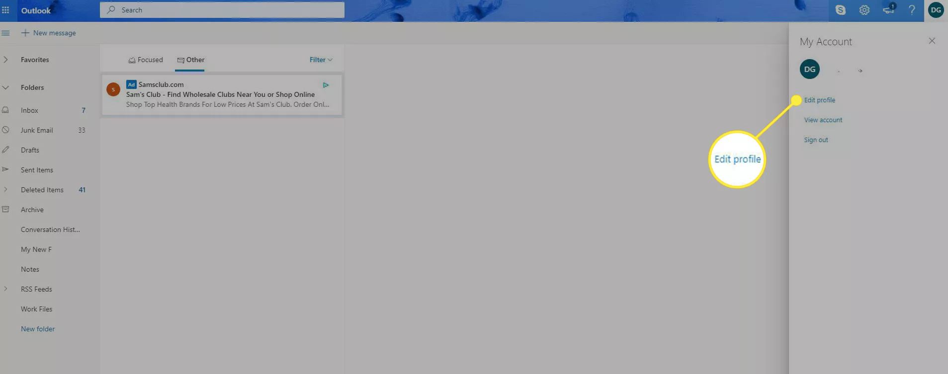 En Outlook-inkorg med alternativet 'Redigera profil' markerat