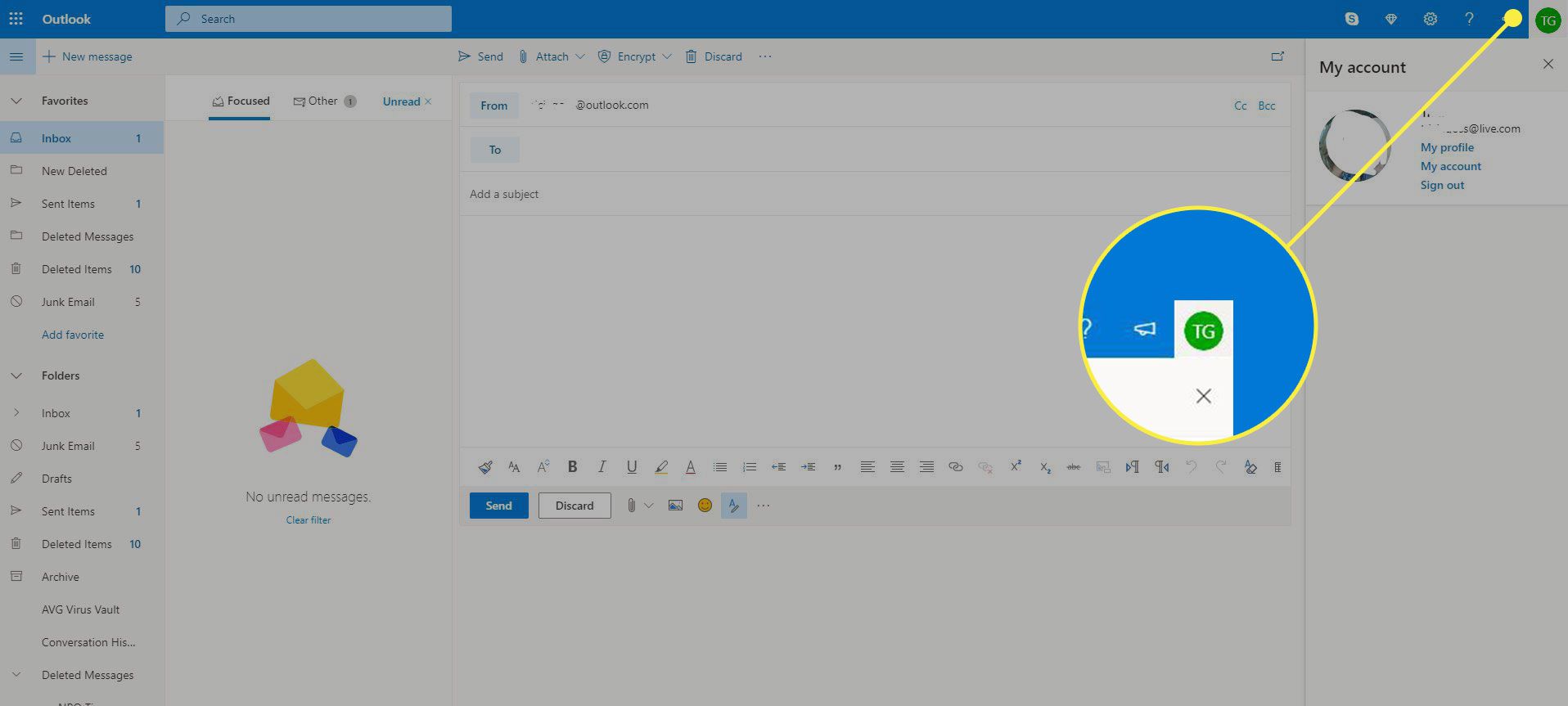 En skärmdump av Outlook med Konto-ikonen markerad