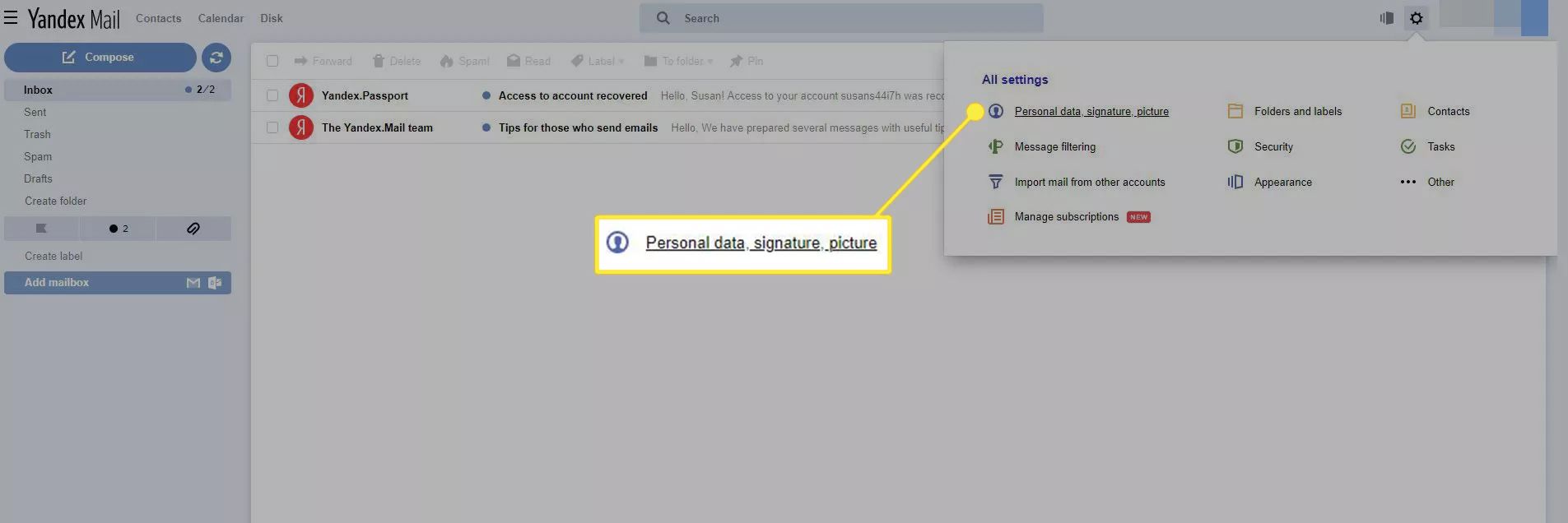 Yandex Mail-appen med 'Personliga data, signatur, bild' markerad