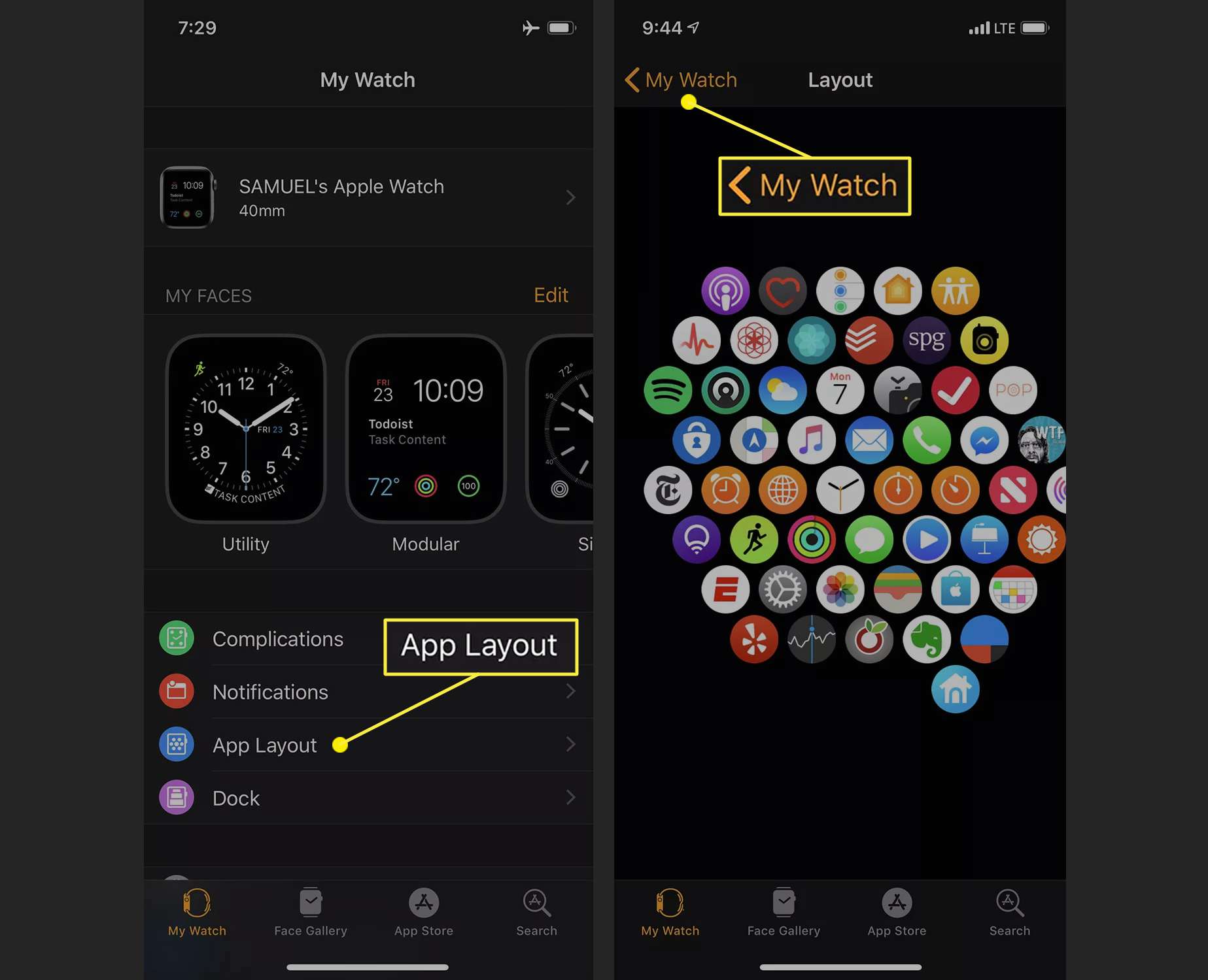 Titta på appen på iPhone som visar klockappsnätet