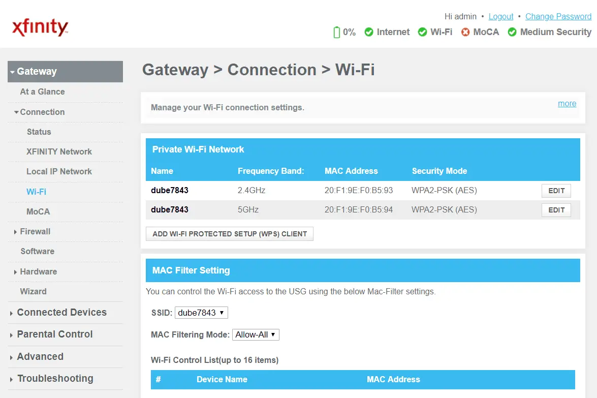 Skärmdump av Wi-Fi-anslutningsinställningar i routern