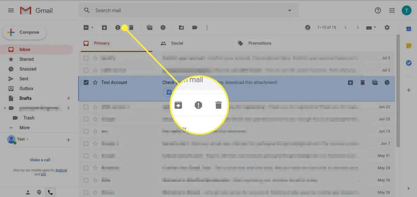 En skärmdump av en Gmail-inkorg med Spam-knappen markerad