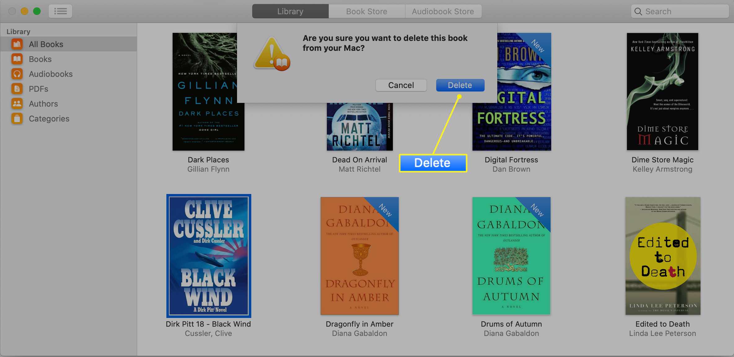 Bekräftelseskärm för att radera en köpt bok från appen Böcker