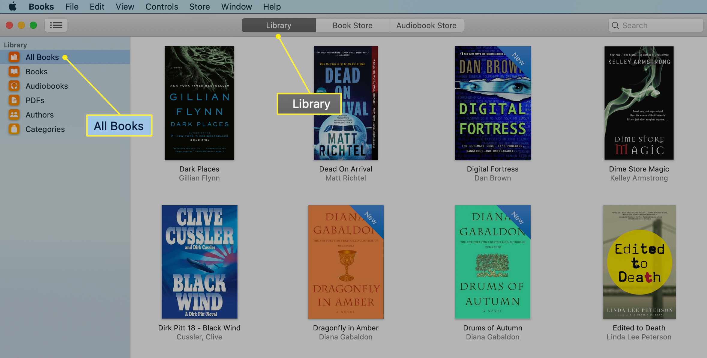Böcker-appen med fliken Bibliotek vald på en Mac