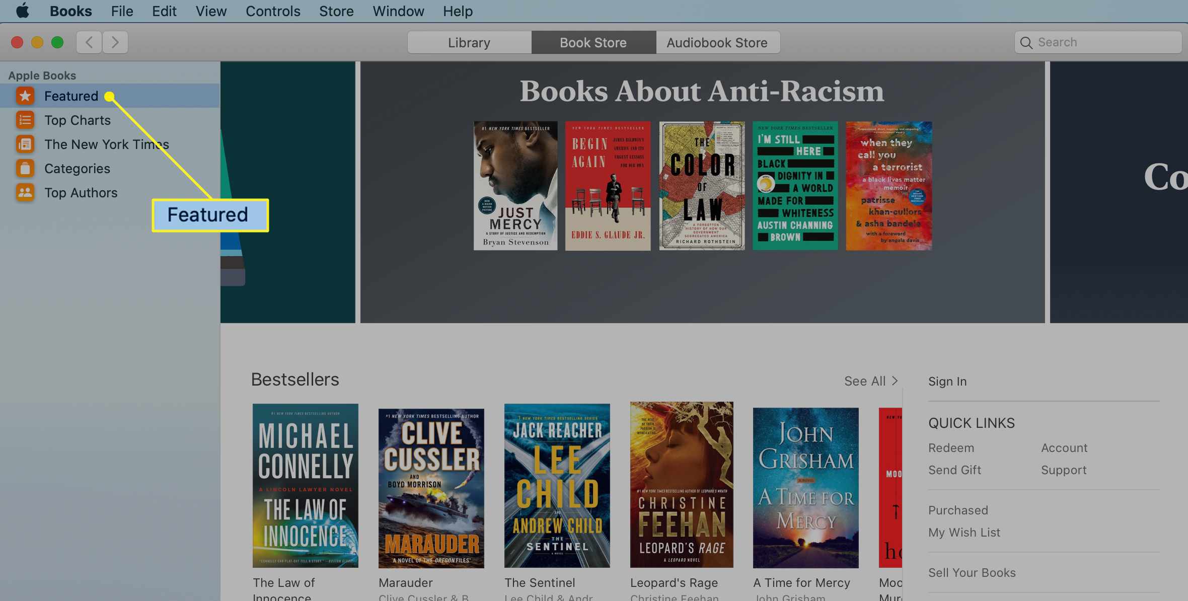 Mac Music-appen med Featured vald i fliken Book Store