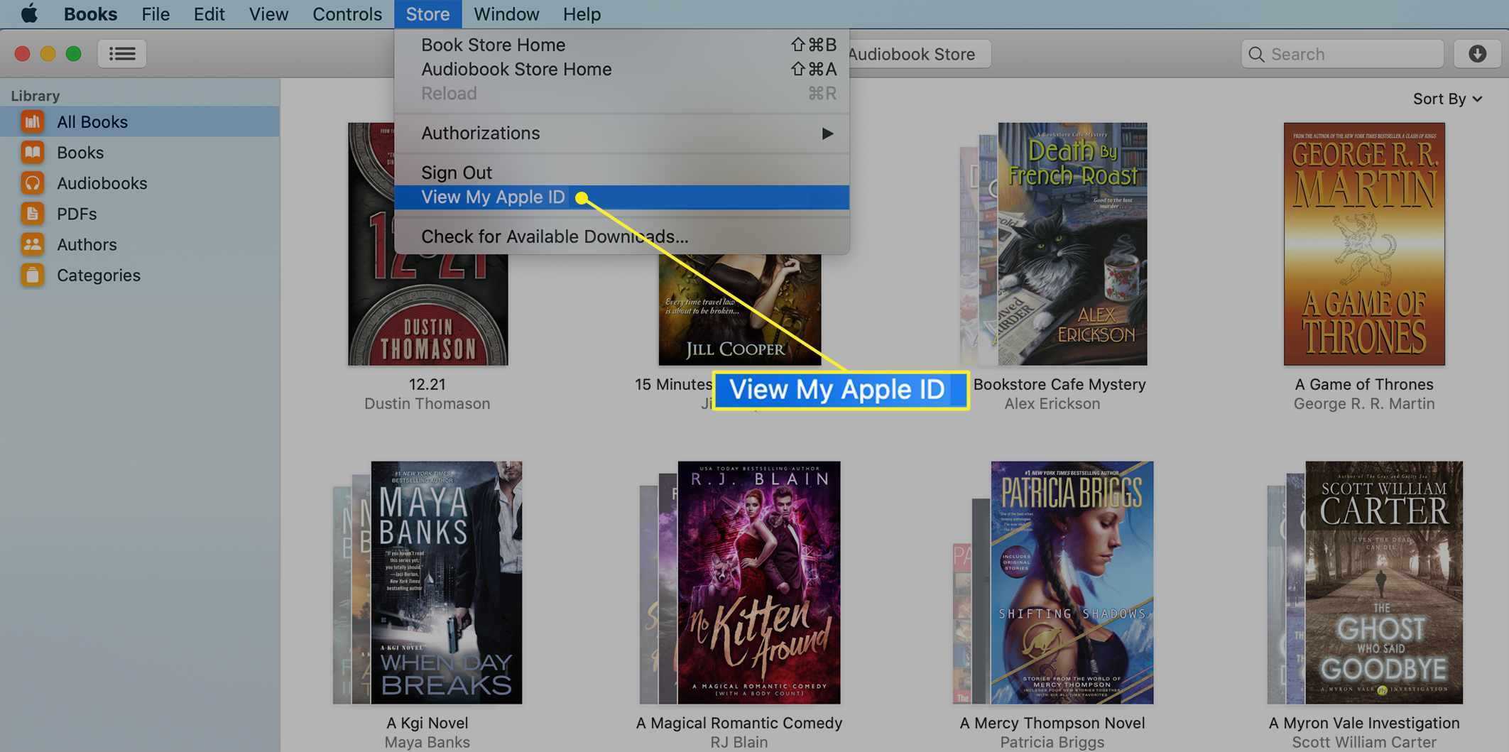 Butikmenyn i Books-appen för Mac med Visa mitt Apple-ID valt