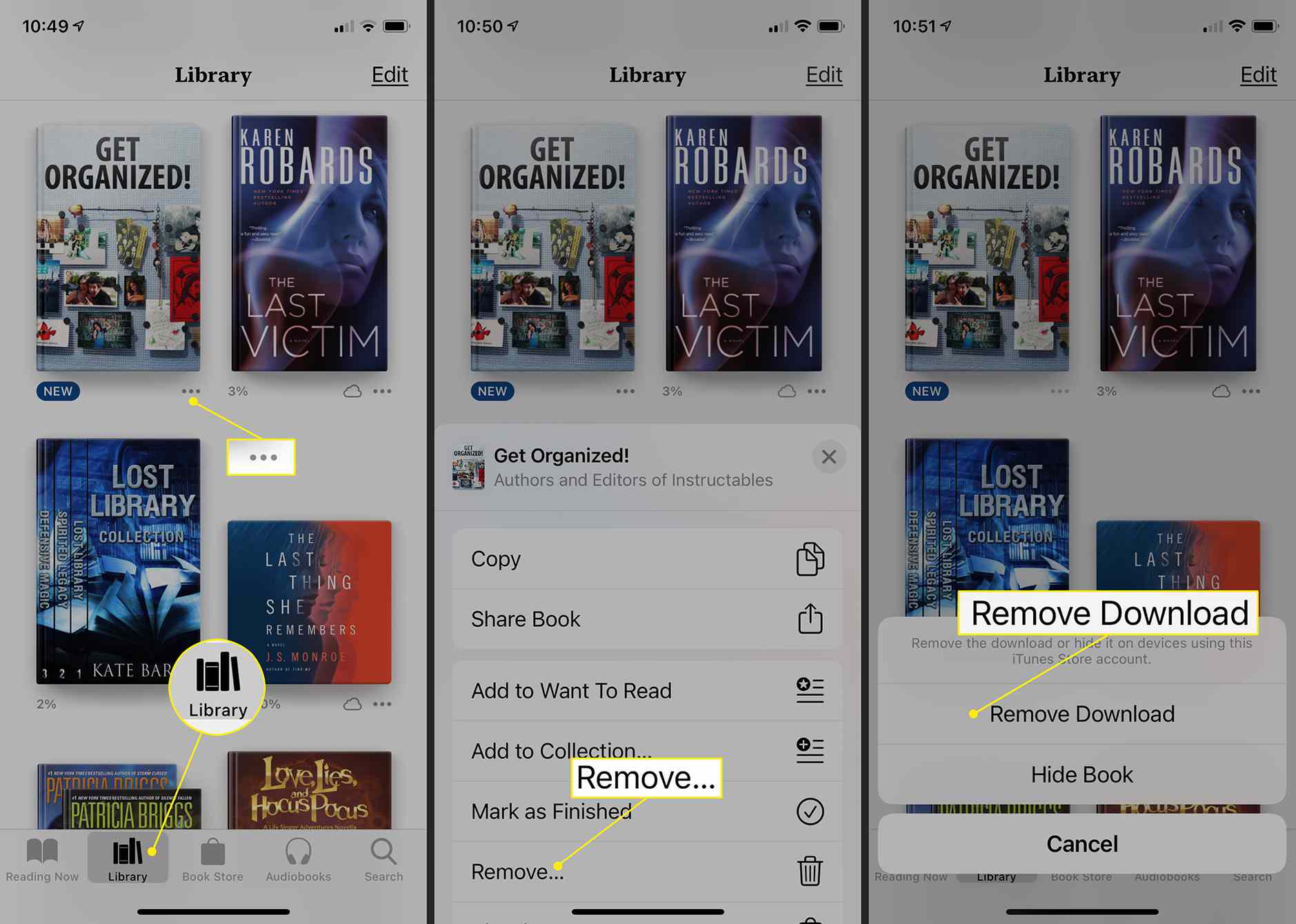 iOS Books-appen på iPhone som visar hur man tar bort en nedladdad bok