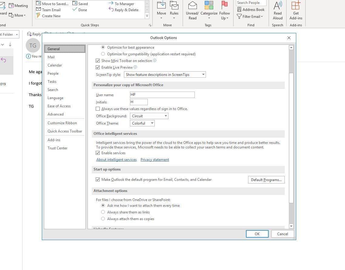 Skärmdump av Outlook-alternativ