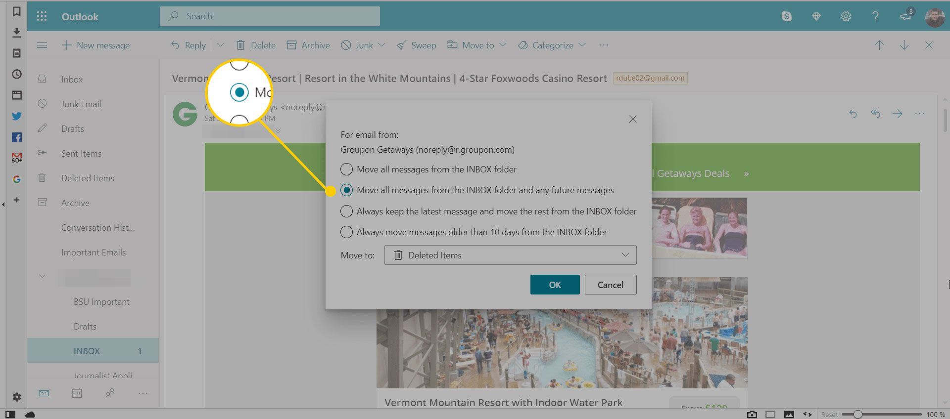 Outlook svepfönster med alternativet "Flytta alla meddelanden och framtida meddelanden" markerat