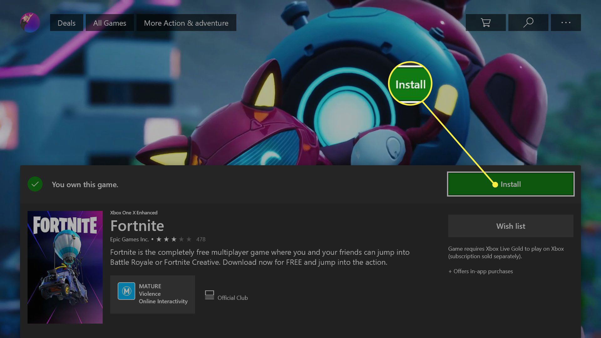 Fortnite-videospel i Xbox One-konsolbutiken.