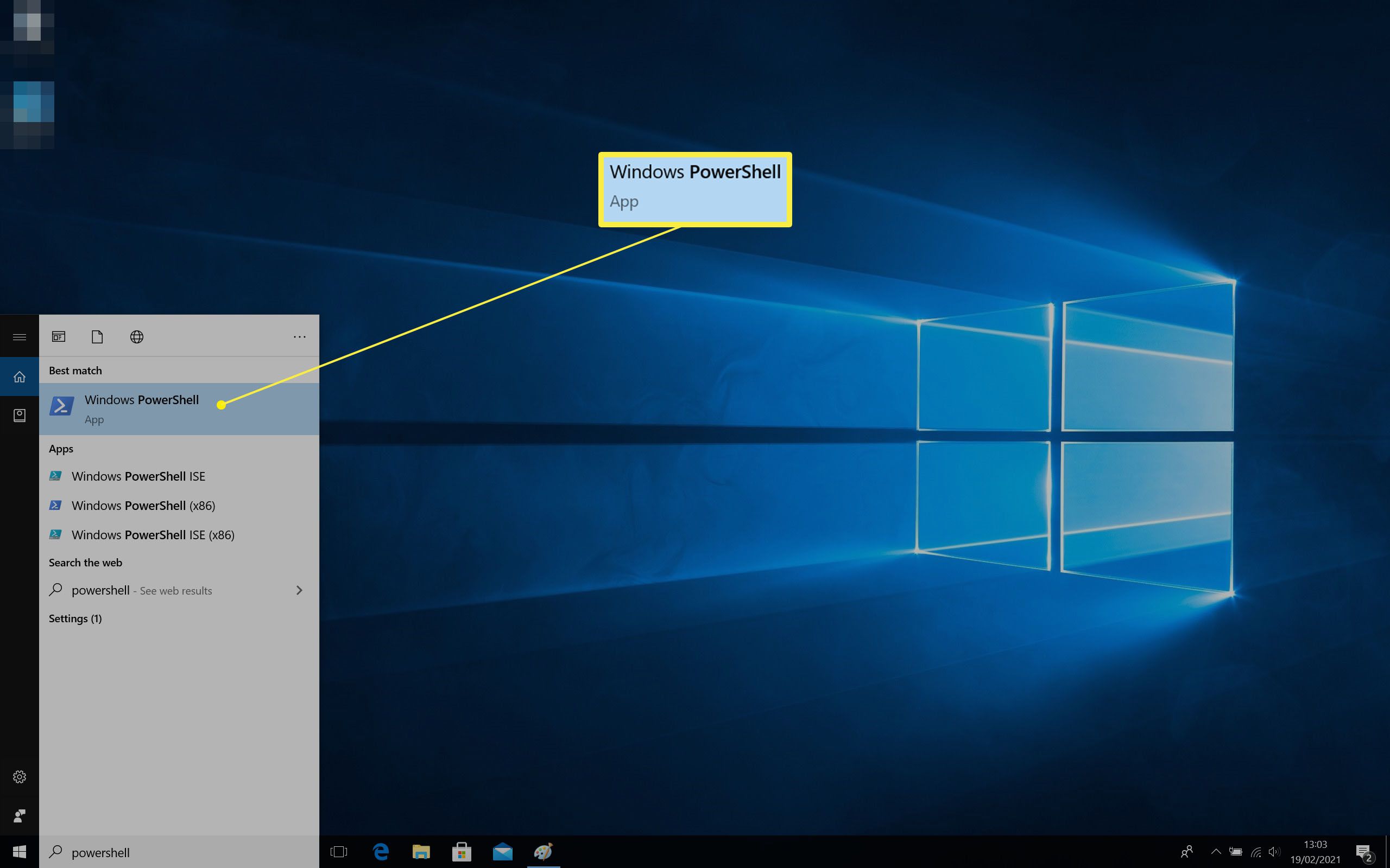 Windows 10-sökfältresultat med Powershell markerat