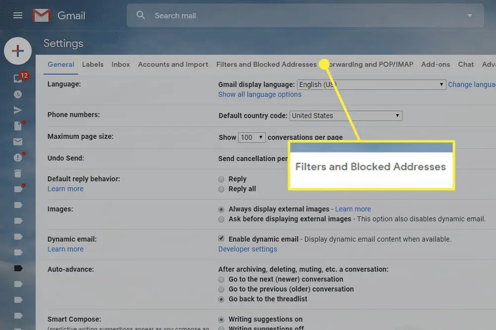 En skärmdump av Gmail-inställningar med rubriken Filter och blockerade adresser markerad