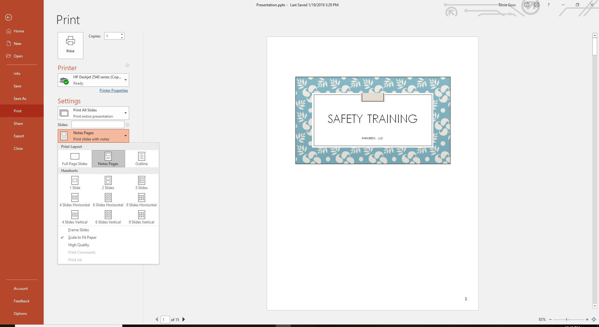 Skärmdump som visar alternativet Notes Pages i PowerPoint