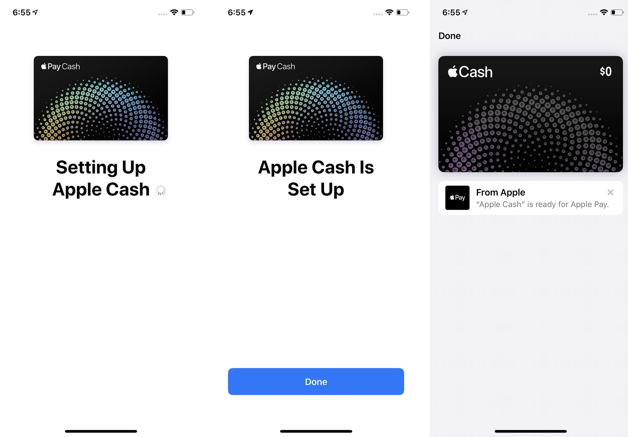 Skärmdumpar av de tre sista stegen för att konfigurera Apple Pay Cash
