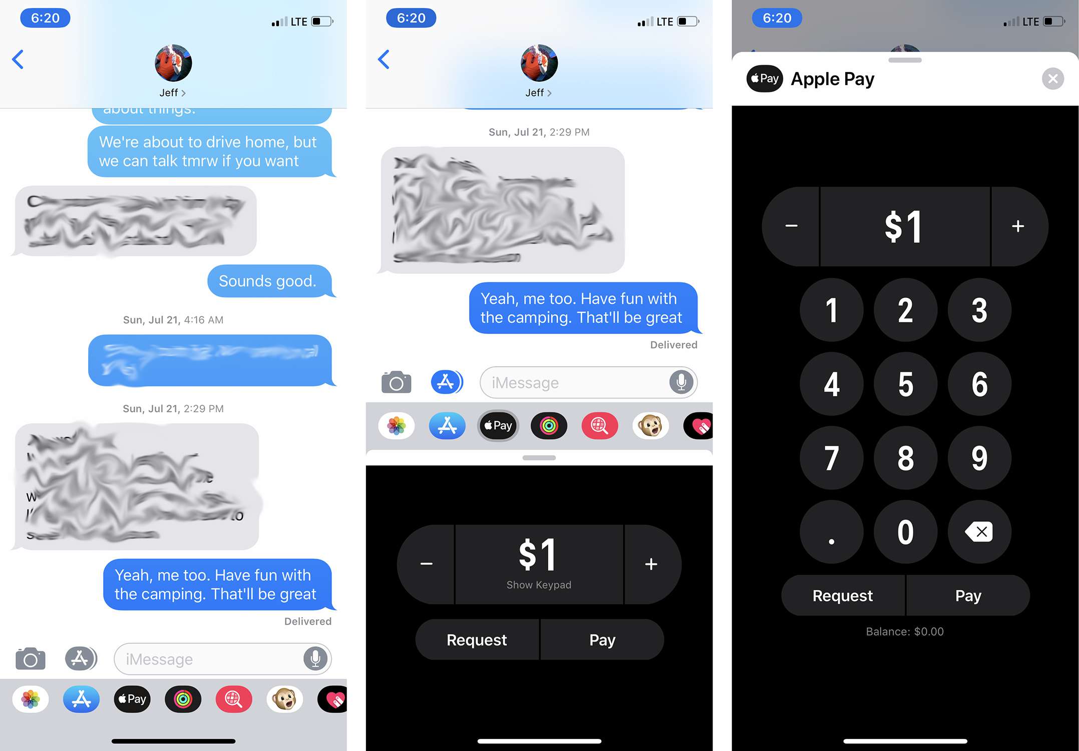 Skärmbilder av att skicka pengar med Apple Pay Cash