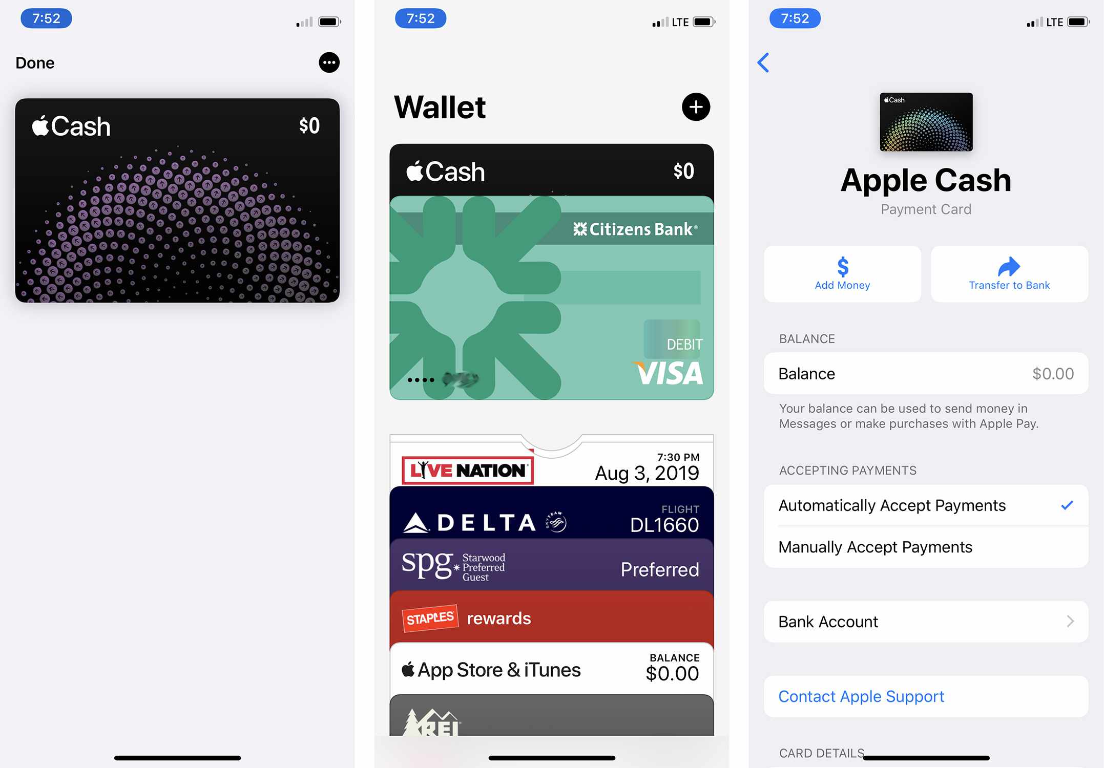 Skärmbilder av Apple Pay Cash-transaktionsinställningar