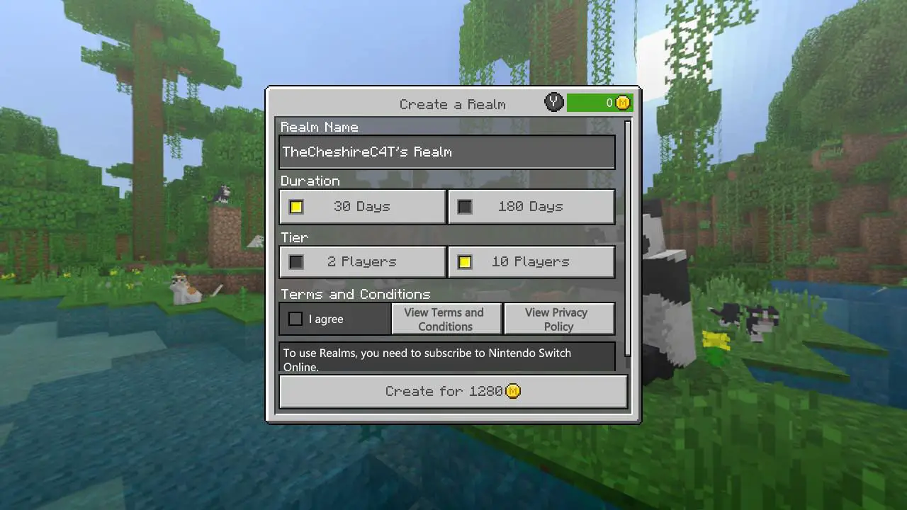 Skärmdump för Minecraft Realm Creation för multiplayer-spel