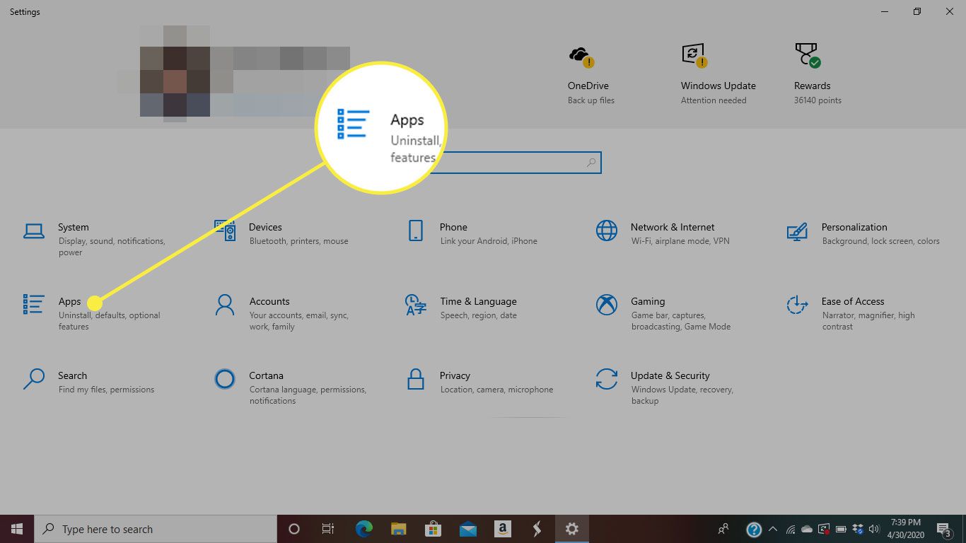 Windows 10-inställningar med avsnittet Apps markerat