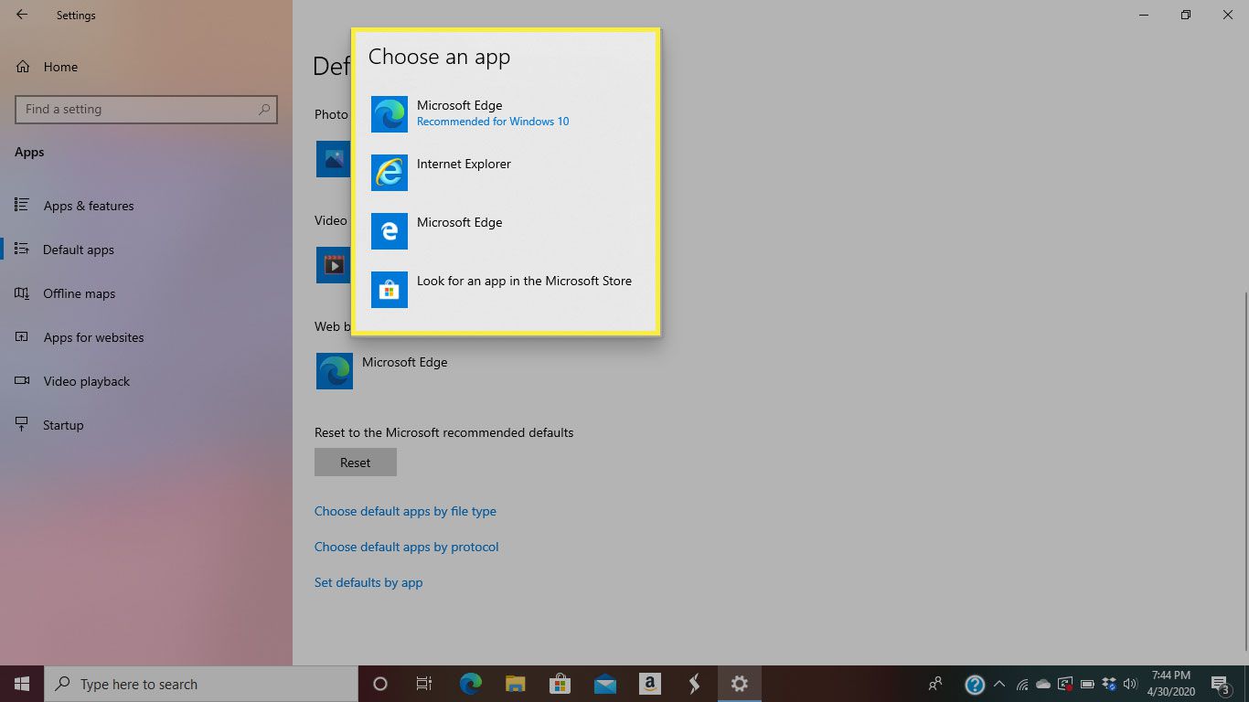 Standardalternativ för webbläsare i Windows 10 med fönstret Välj ett app markerat