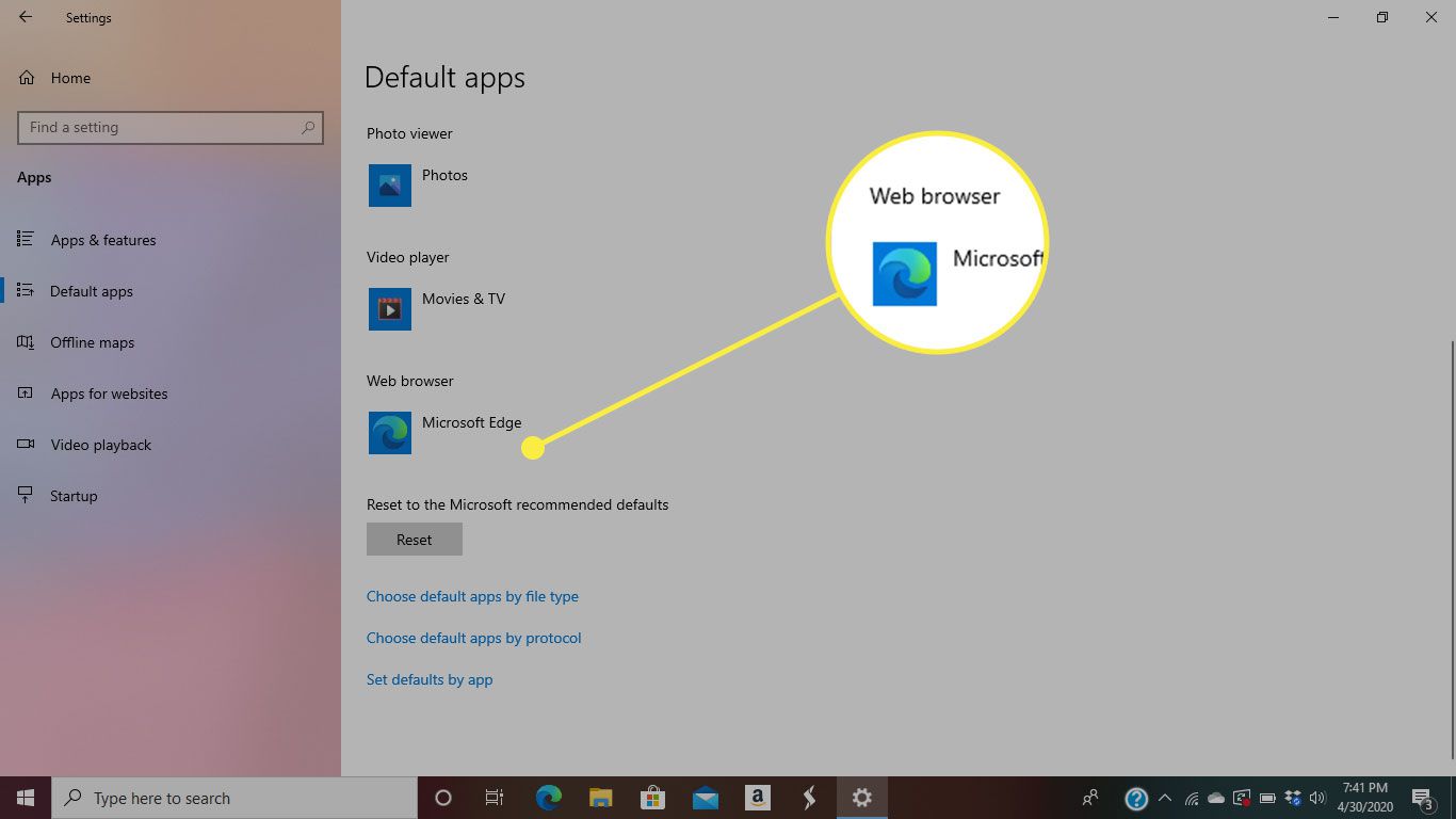 Standardappar i Windows 10 med rubriken Webbläsare markerad