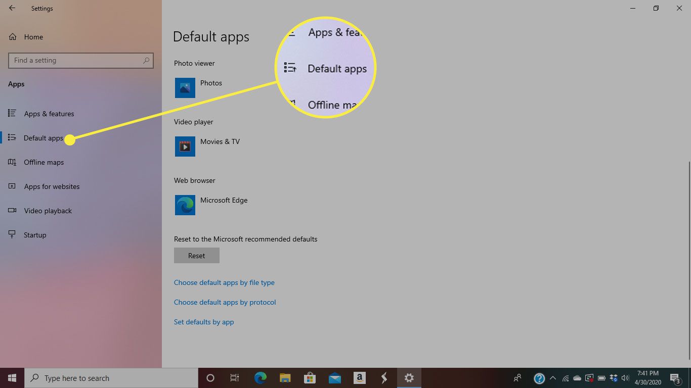 Appskärmen i Windows 10 med rubriken Standardappar markerad
