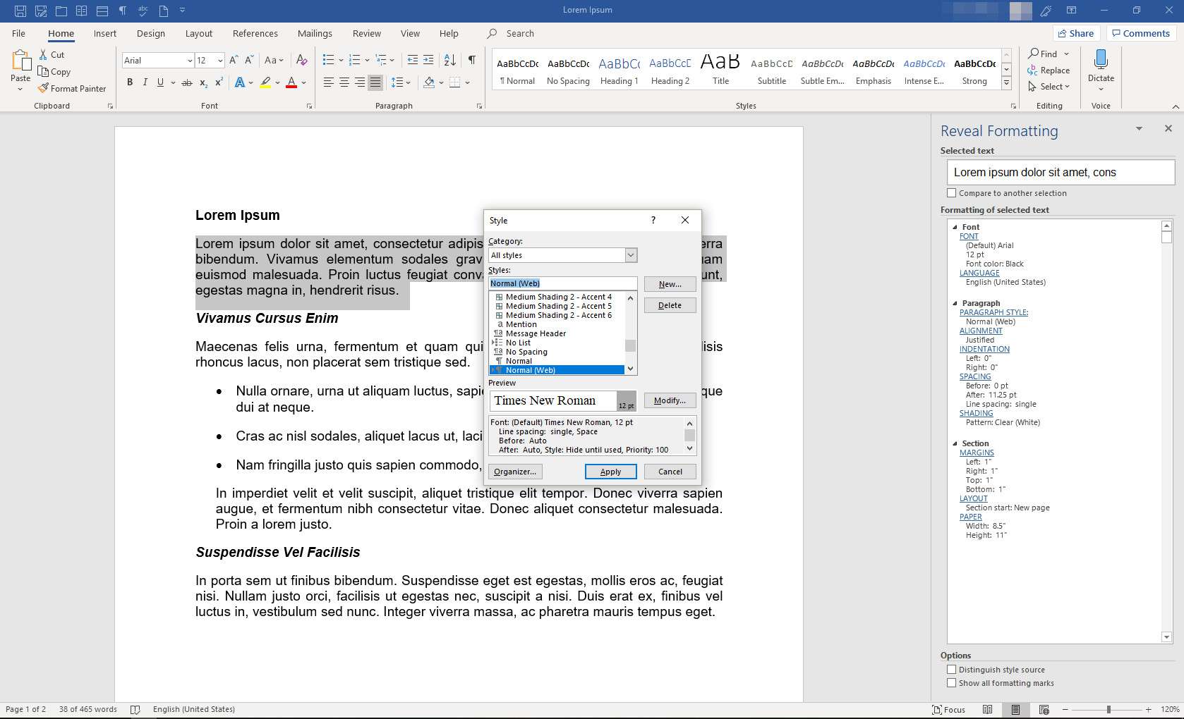 MS Word med panelen Reveal Formatting och dialogrutan Style visas