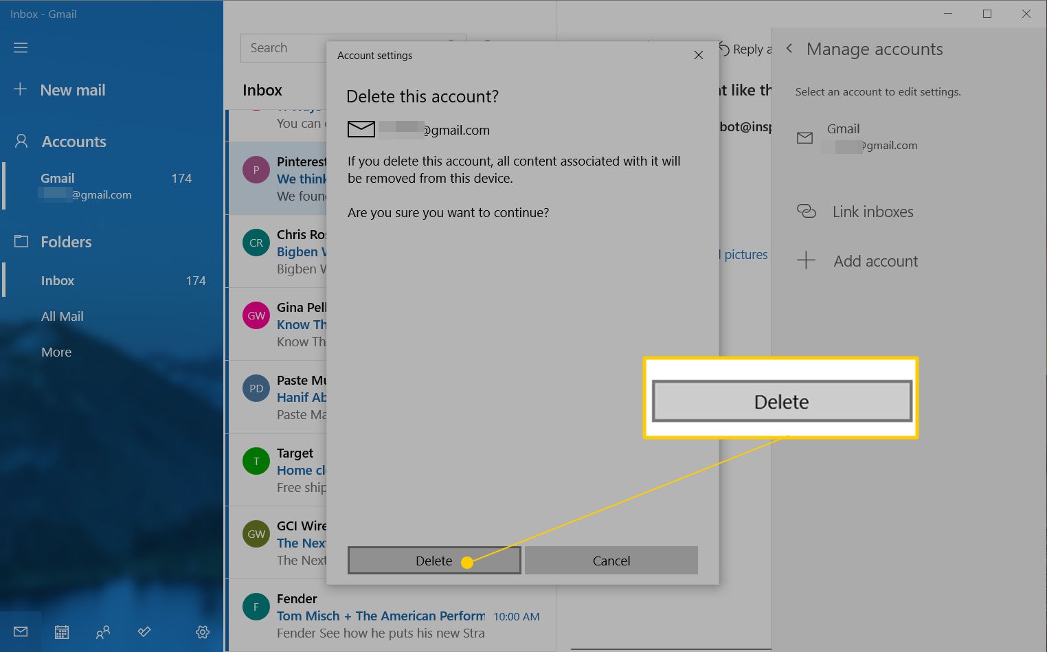 Ta bort bekräftelseknappen i inställningarna för Windows Mail-konto