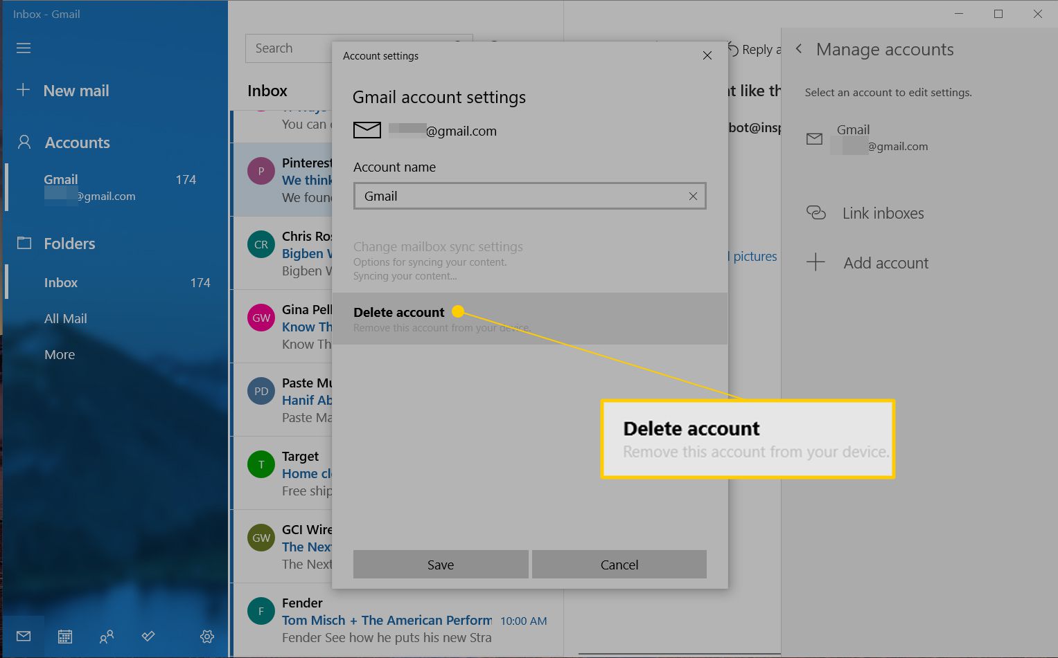 Ta bort konto-knappen i Windows Mail-kontoinställningar