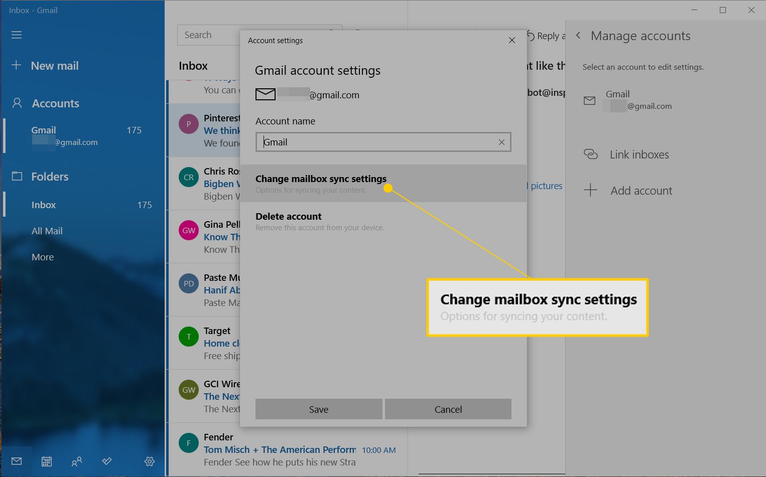 Ändra synkroniseringsinställningar för postlåda i inställningarna för Windows Mail-konto