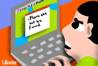 Illustration av en person som tittar på ett "iPhone kan inte hittas" -meddelande på en bärbar datorskärm