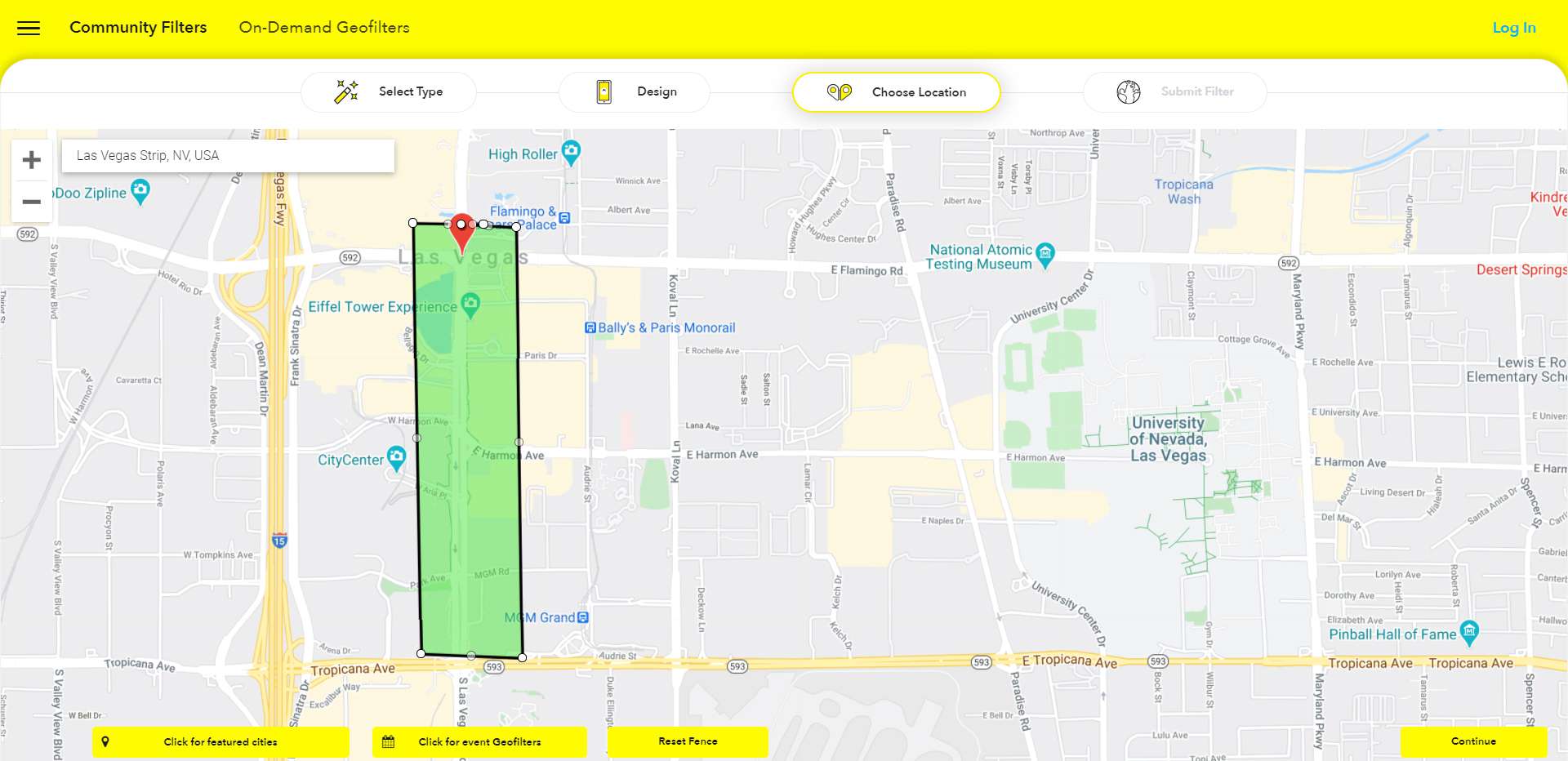 En Google Maps-bild med Las Vegas Strip markerad för en anpassad Snapchat-geotagg.