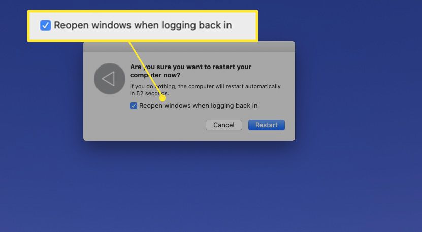 Startdialogrutan för MacBook med "Öppna fönster igen när du loggar in" markerad