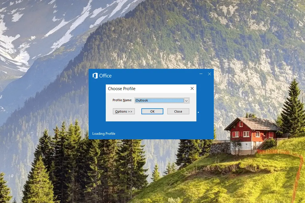 Outlook Välj profilprompt i Windows 10